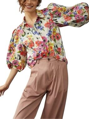 MAEVE  Rachael Floral Bright Multi-Color  Puff Sleeve Button-Up Cotton Top Sz XS